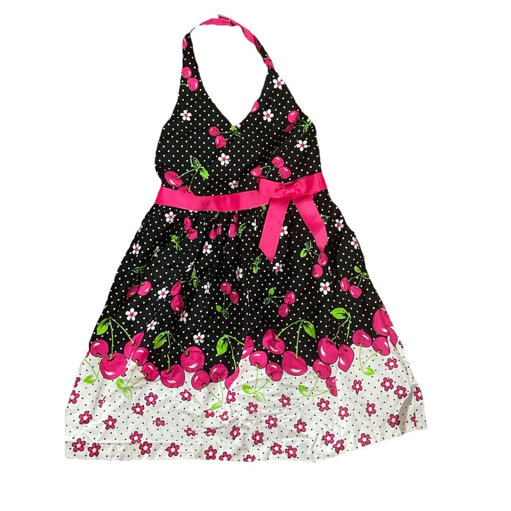 Girls JESSICA ANN Pink Black White CHERRY Halter Dress W/Bow- Sz 6
